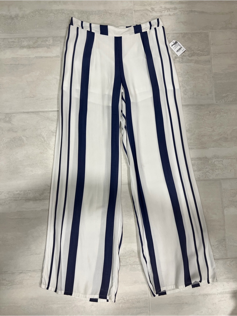White Wide-Leg Pants with Navy Vertical Stripes
